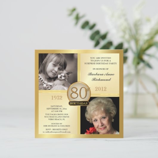 Gold 80th Birthday uitnodigingen toen & nu 2 foto' (Staand voorkant)