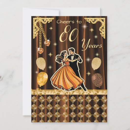 Gold 80th Birthday with Dancing Couples Invitation Kaart (Voorkant)