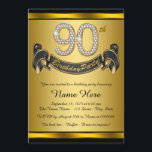 Gold 90e verjaardag kaart<br><div class="desc">90e verjaardagsfeestuitnodiging met diamantnummers en banner op een prachtige rijke zwarte en gouden achtergrond. Deze prachtige zwarte en gouden 90e verjaardagsfeestuitnodiging is eenvoudig aan te passen voor uw evenement. U kunt de achtergrondkleur wijzigen. Dit opvallende ontwerp werkt goed voor een man of vrouw. Dit is een gedrukt ontwerp zonder echte...</div>