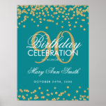 Gold 90th Birthday Glitter Confetti Blauwgroen Poster<br><div class="desc">Elegant 90th Birthday Gold Blauwgroen Faux Glitter Confetti banner sjabloon.</div>