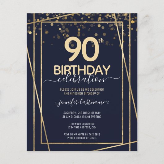 Gold 90th Birthday Party Budget Invitation (Voorkant)