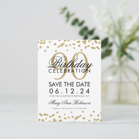Gold 90th Birthday Save Date Confetti Kaart (Staand voorkant)