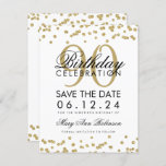 Gold 90th Birthday Save Date Confetti Kaart<br><div class="desc">Het elegante "90th Birthday Party"-ontwerp met Gold Faux Glitter Confetti en de aangepaste naam en tekst voor meer informatie. Eenvoudig te gebruiken en eenvoudig aan te passen. Bestel vandaag nog!</div>