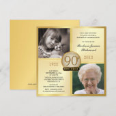 Gold 90th Birthday-uitnodigingen en nu 2 foto's Kaart (Voorkant / Achterkant)