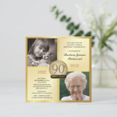 Gold 90th Birthday-uitnodigingen en nu 2 foto's Kaart (Staand voorkant)