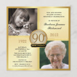 Gold 90th Birthday-uitnodigingen en nu 2 foto's Kaart<br><div class="desc">Creëer uw eigen elegante 90th Adult Birthday Party Uitnodigingen. Klassieke gouden vierkant voor mannen en vrouwen, gepersonaliseerd met dubbele foto-lijsten inserts voor "Dan & nu" afbeeldingen — Pas de naam, de datum en details aan voor je speciale viering. Kan gemakkelijk worden aangepast voor andere speciale gelegenheden, bedrijfsevenementen en mijlpaalfeest —...</div>