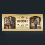 Gold 90th Birthday World's Best Custom Photo Lijst Spandoek<br><div class="desc">Viel de mijlpaal van je favoriete seniorenverjaardag op met dit klastige geschenk dat hen eraan herinnert hoe geweldig ze zijn. Schone lijnen en tinten van bruin, goud en crème vormen dit eenvoudige maar elegante lijst dat kan worden aangepast met uw favoriete foto's, namen, initialen of andere tekst. Deze reeks bestaat...</div>