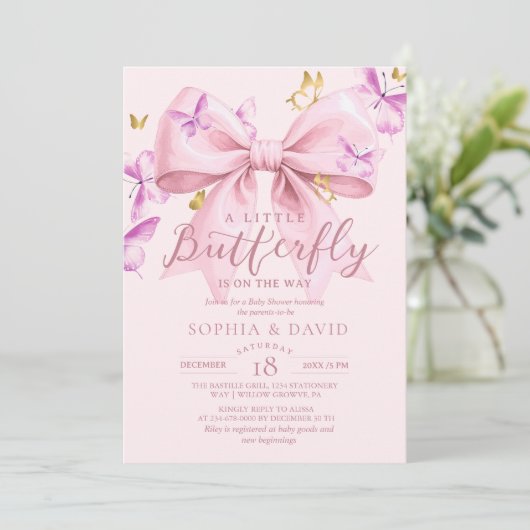 Gold A Little Butterfly  Pink Bow Baby Shower  Kaart (Staand voorkant)