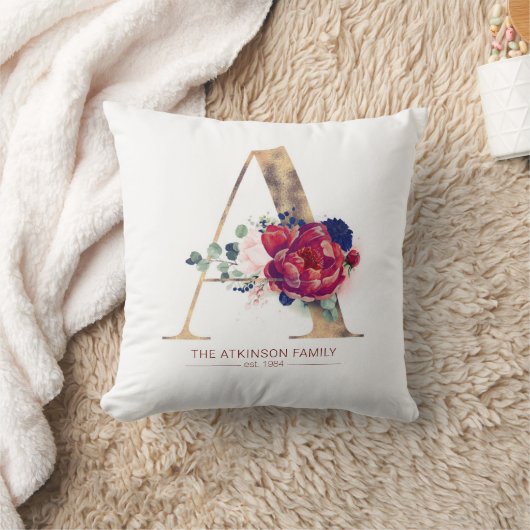 Gold A Monogram Floral Burgundy en Navy Blue Kussen (Deken)