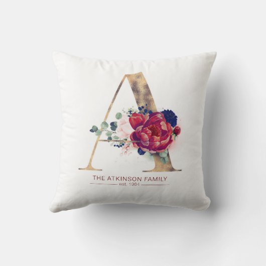 Gold A Monogram Floral Burgundy en Navy Blue Kussen (Achterkant)