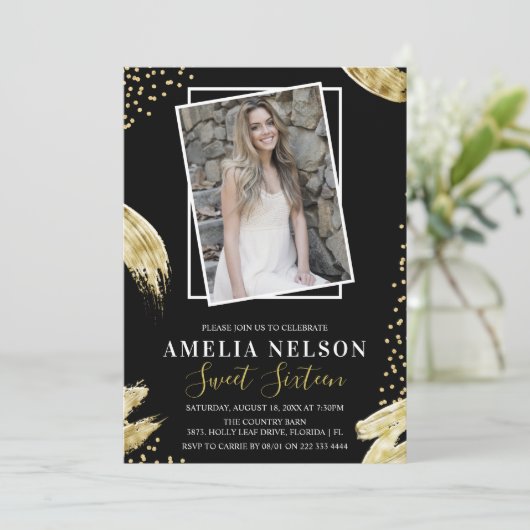 Gold Abstract Foto Sweet 16 Birthday Kaart (Staand voorkant)