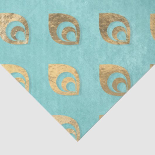 Gold Abstracte druppeltjes op Aqua Decoupage Tissuepapier (Detail)