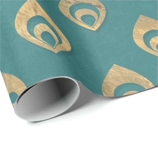 Gold Abstracte druppeltjes op Blauwgroen Cadeaupapier (Rol Hoek)