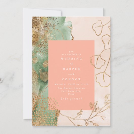 Gold Abstracte Eucalyptus | Modern Emerald Wedding Kaart (Voorkant)