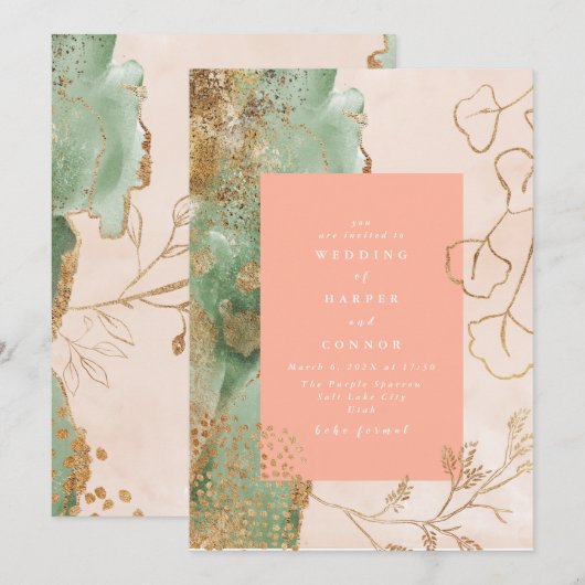 Gold Abstracte Eucalyptus | Modern Emerald Wedding Kaart (Voorkant / Achterkant)