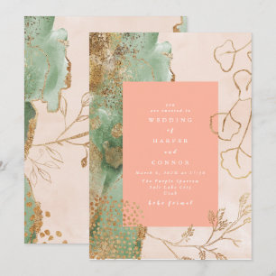 Gold Abstracte Eucalyptus   Modern Emerald Wedding Kaart