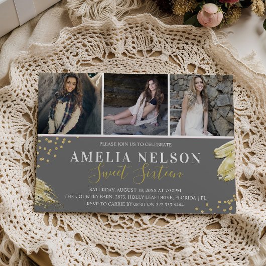 Gold Abstracte foto Collage Sweet 16 zaterdag Kaart