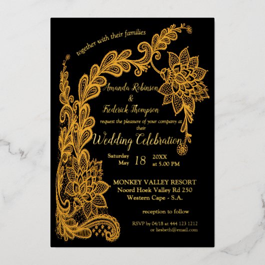 Gold abstracte kant op zwart folie uitnodiging (Voorkant)