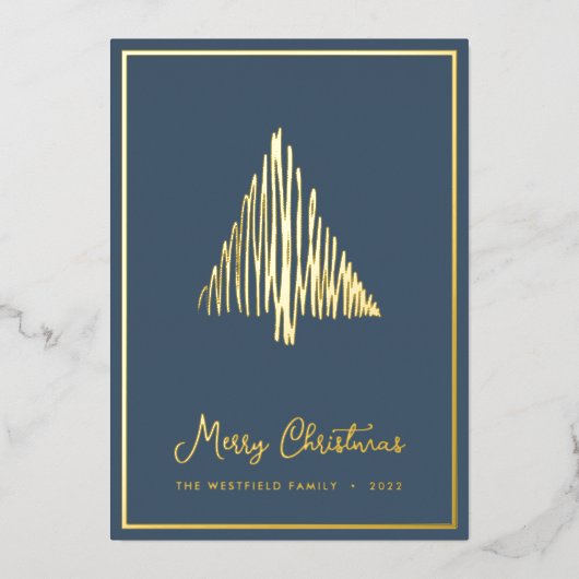 Gold Abstracte Scandi-kerstboom Blauwgroen Folie Feestdagenkaart (Voorkant)