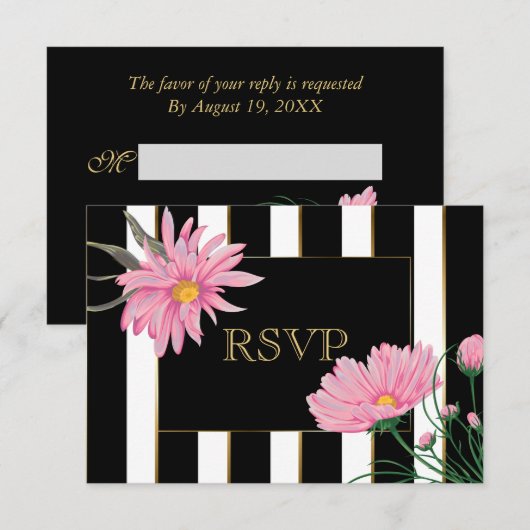Gold Accent Black Stripes Pink Daisies RSVP (Voorkant / Achterkant)