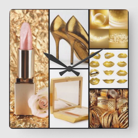 Gold Accessoires Glamoureuze Mode Collage Vierkante Klok (Voorkant)