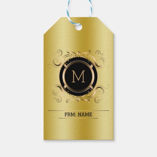 Gold-achtergrond met gouden en zwarte Lijsten Labe Cadeaulabel (Voorkant)