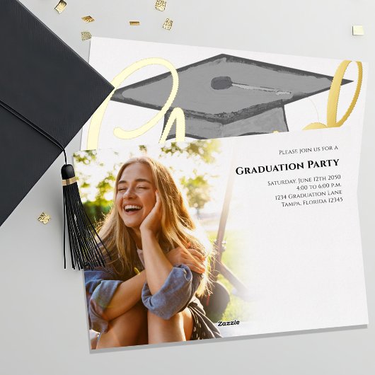 Gold Afstudeerder Script Afstuderen-fotosjabloon Folie Uitnodiging