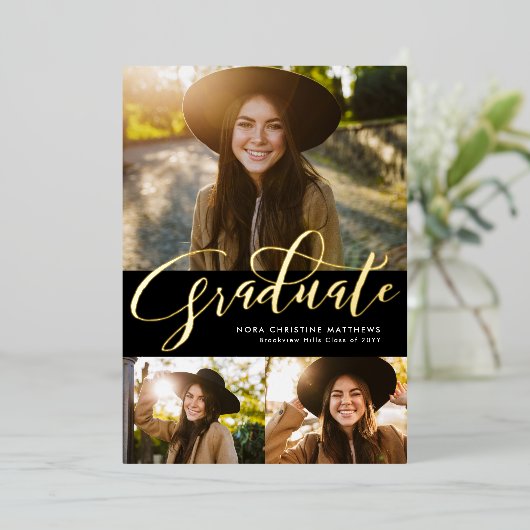 Gold Afstuderen drie foto's zwart afstuderen Folie Uitnodiging (Staand Voorkant)