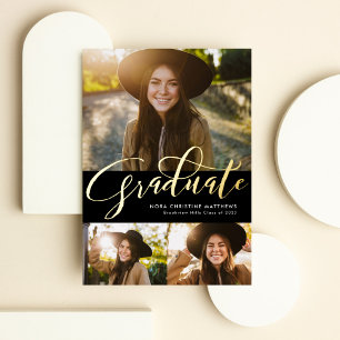 Gold Afstuderen drie foto's zwart afstuderen Folie Uitnodiging