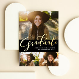 Gold Afstuderen drie foto's zwart afstuderen Folie Uitnodiging