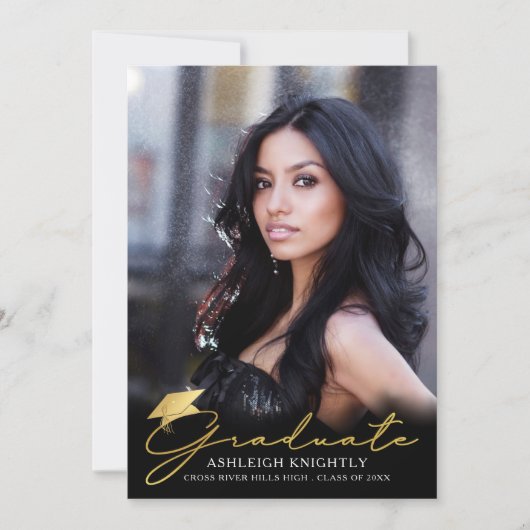 Gold Afstuderen handgeschreven script zwart 4 Foto Aankondiging (Voorkant)