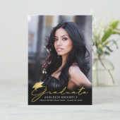 Gold Afstuderen handgeschreven script zwart 4 Foto Aankondiging (Staand voorkant)