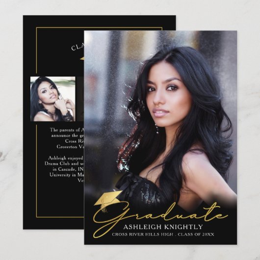 Gold Afstuderen handgeschreven script zwart 4 Foto Aankondiging (Voorkant / Achterkant)