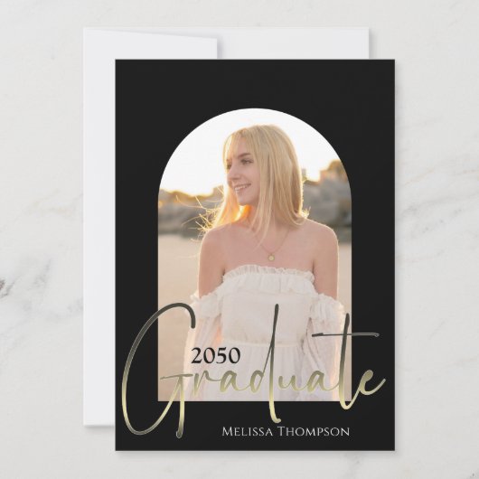 Gold Afstuderen Script Black Arch Photo QR Code Kaart (Voorkant)