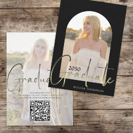 Gold Afstuderen Script Black Arch Photo QR Code Kaart