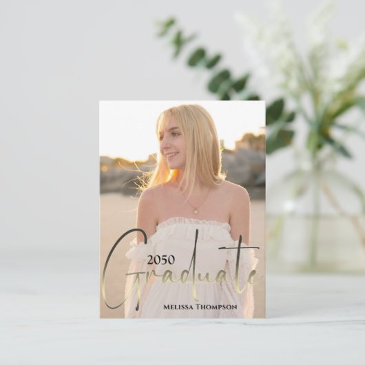 Gold Afstuderen Script Black Photo QR Code Website Briefkaart (Staand voorkant)