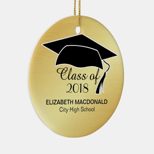 Gold Afstuderen Sticker Black Mortar Board & Text Keramisch Ornament (Rechts)