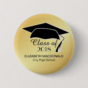 Gold Afstuderen Sticker Black Mortar Board & Text Ronde Button 5,7 Cm