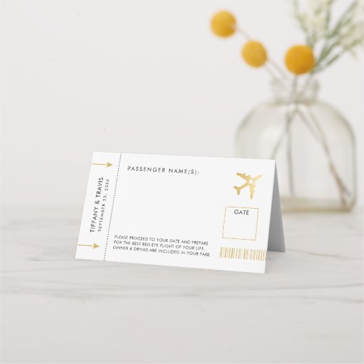 Gold Airplane boarding Pass Ticket Folded Escort Plaatskaartje (Voorkant)