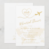Gold Airplane Heart Map Rehearsal Dinner Kaart (Voorkant / Achterkant)