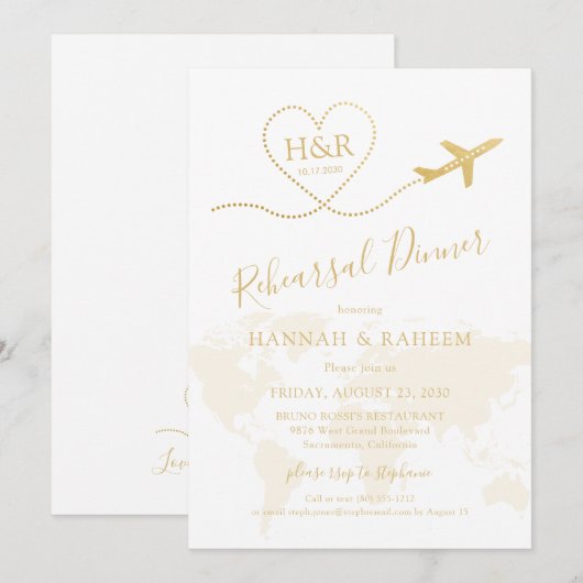 Gold Airplane Heart Map Rehearsal Dinner Kaart (Voorkant / Achterkant)