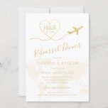 Gold Airplane Heart Map Rehearsal Dinner Kaart<br><div class="desc">White and Gold Travel Threadsal Dinner Invitation met een romantisch vliegtuigmonogram en elegant modern script met een gevlekte wereldkaart watermarkachtergrond, en editable "love is in the air" citaat op de achterkant, perfect voor een doelbruiloft of een op reizen geïnspireerd huwelijksfeest diner voor het koppel dat graag wil reizen, die elkaar...</div>