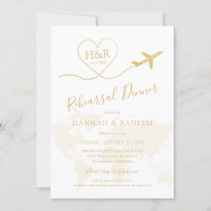 Gold Airplane Heart Map Rehearsal Dinner Kaart