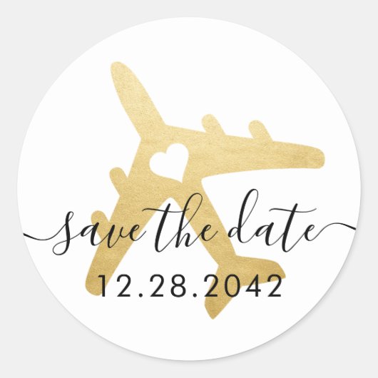 Gold Airplane Heart Travel Theme Save the Date Ronde Sticker (Voorkant)