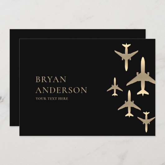 Gold Airplanes Aviation Invitation Kaart (Voorkant / Achterkant)