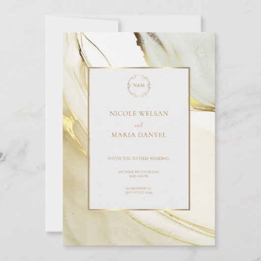 Gold Alcohol Ink White Chic Wedding Invitation Kaart (Voorkant)
