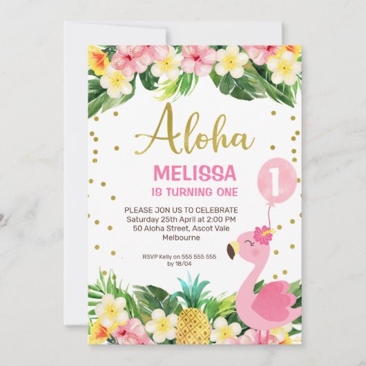 Gold Aloha Floral Flamingo 1st Birthday Kaart (Voorkant)