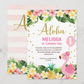 Gold Aloha Floral Flamingo 1st Birthday Kaart (Voorkant / Achterkant)