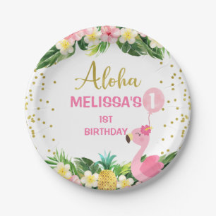 Gold Aloha Floral Flamingo 1st Birthday Papieren Bordje