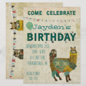 Gold Alpaca Blauwgroen Owl Birthday Invitation Kaart (Voorkant / Achterkant)
